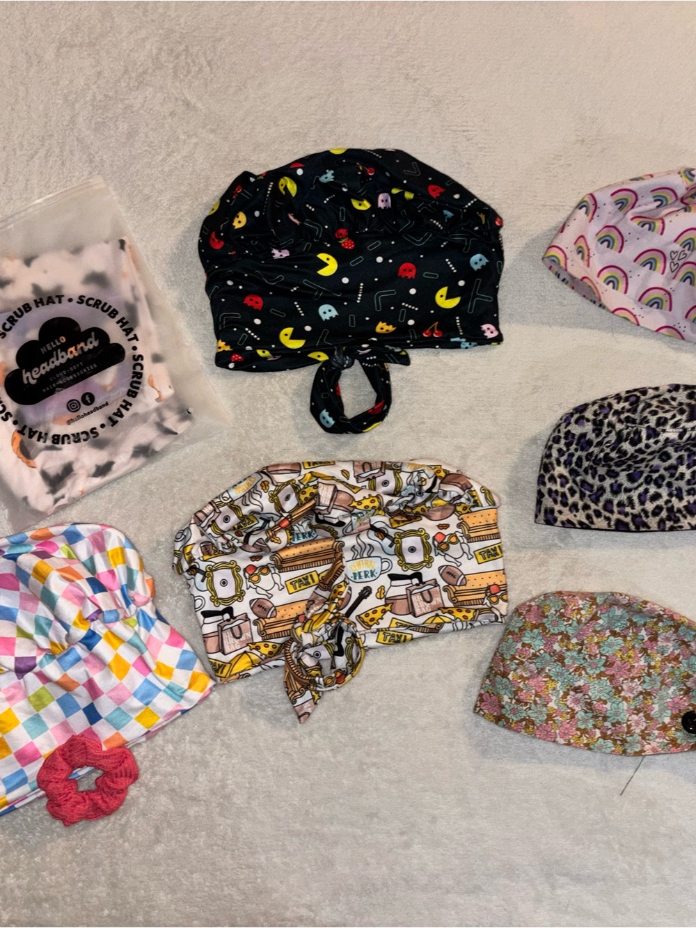 Scrub Caps- Hello Headband tshirt Pac-Man friends Halloween vans checks smiley